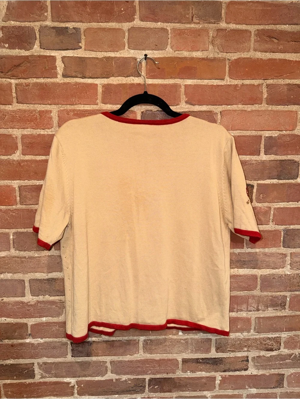 NAPA VALLEY Beige Knit Sweater Top Red Trim and Floral Embroidery Stitched Women